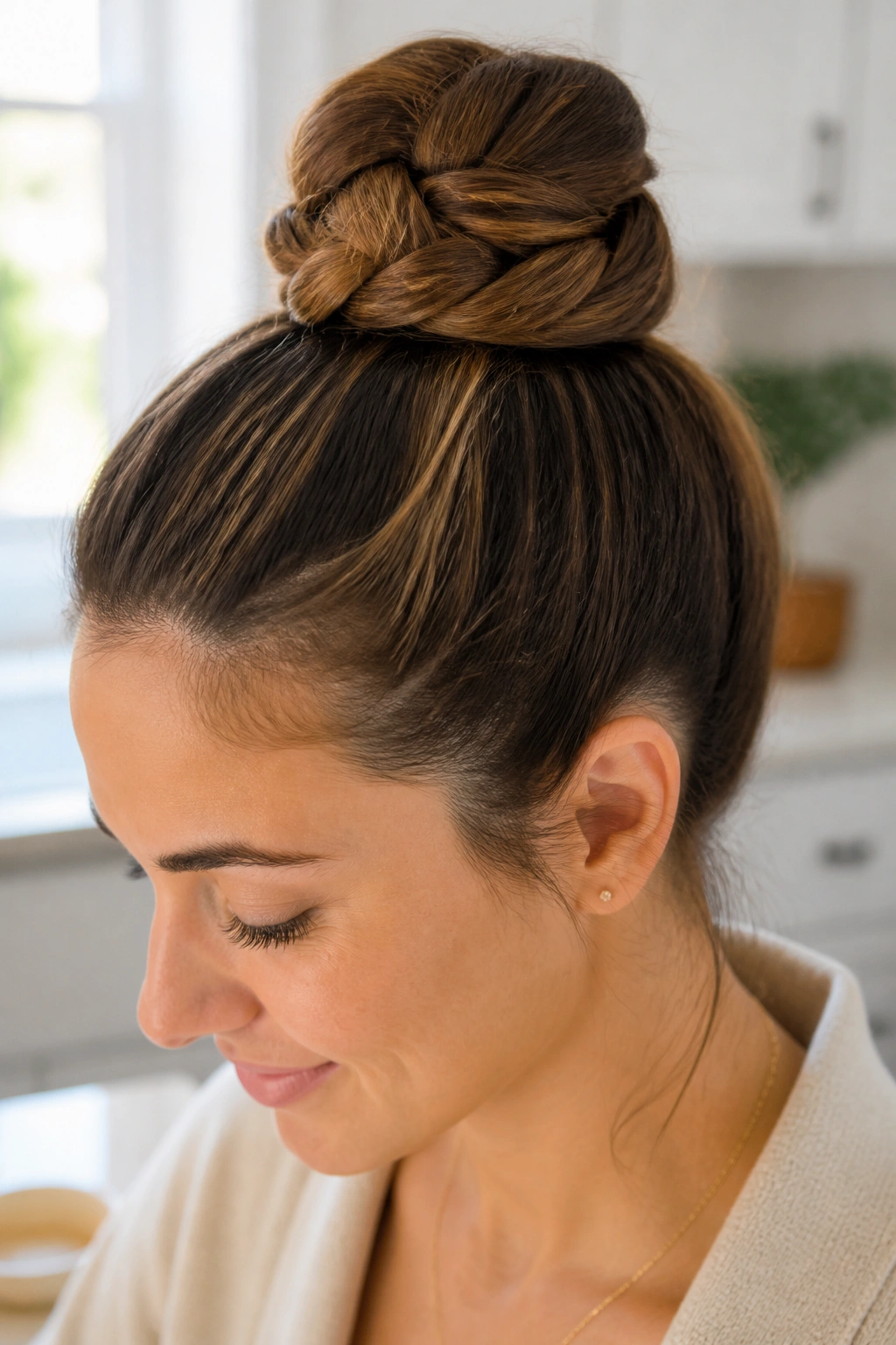 Close-up portrait of a real person with a braided-base top knot
