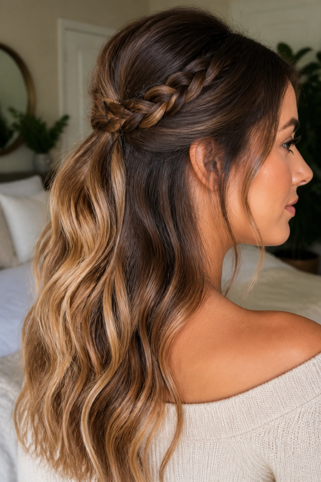Real woman with braided base-wrap half-up ponytail secured with X-pin