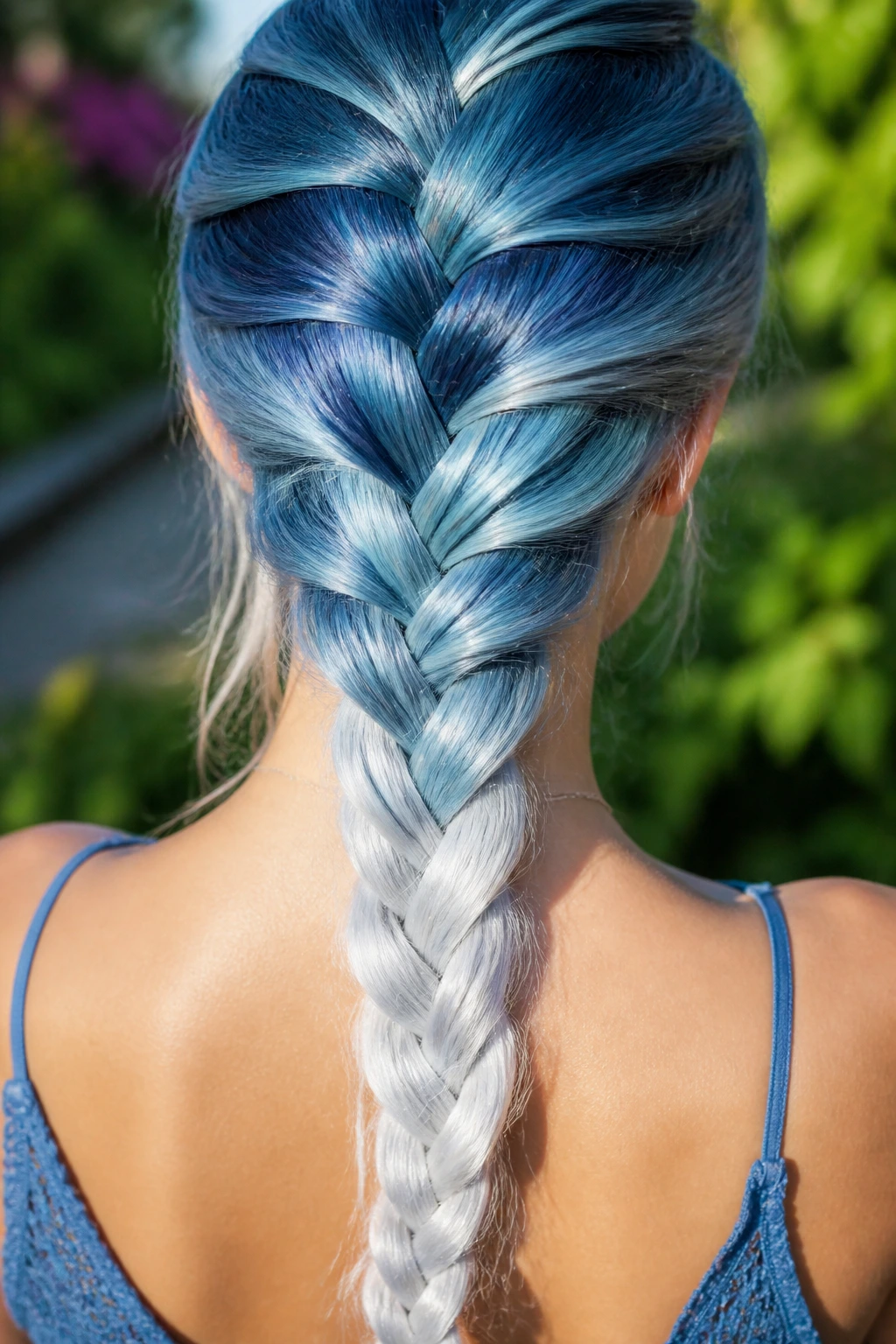 Back-of-head view of real woman with braided blue-white gradient