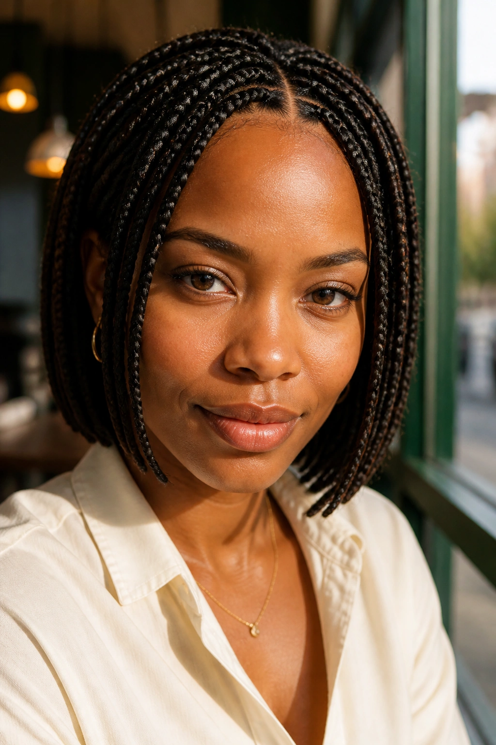 Close-up of a real woman with a chin-length braided bob