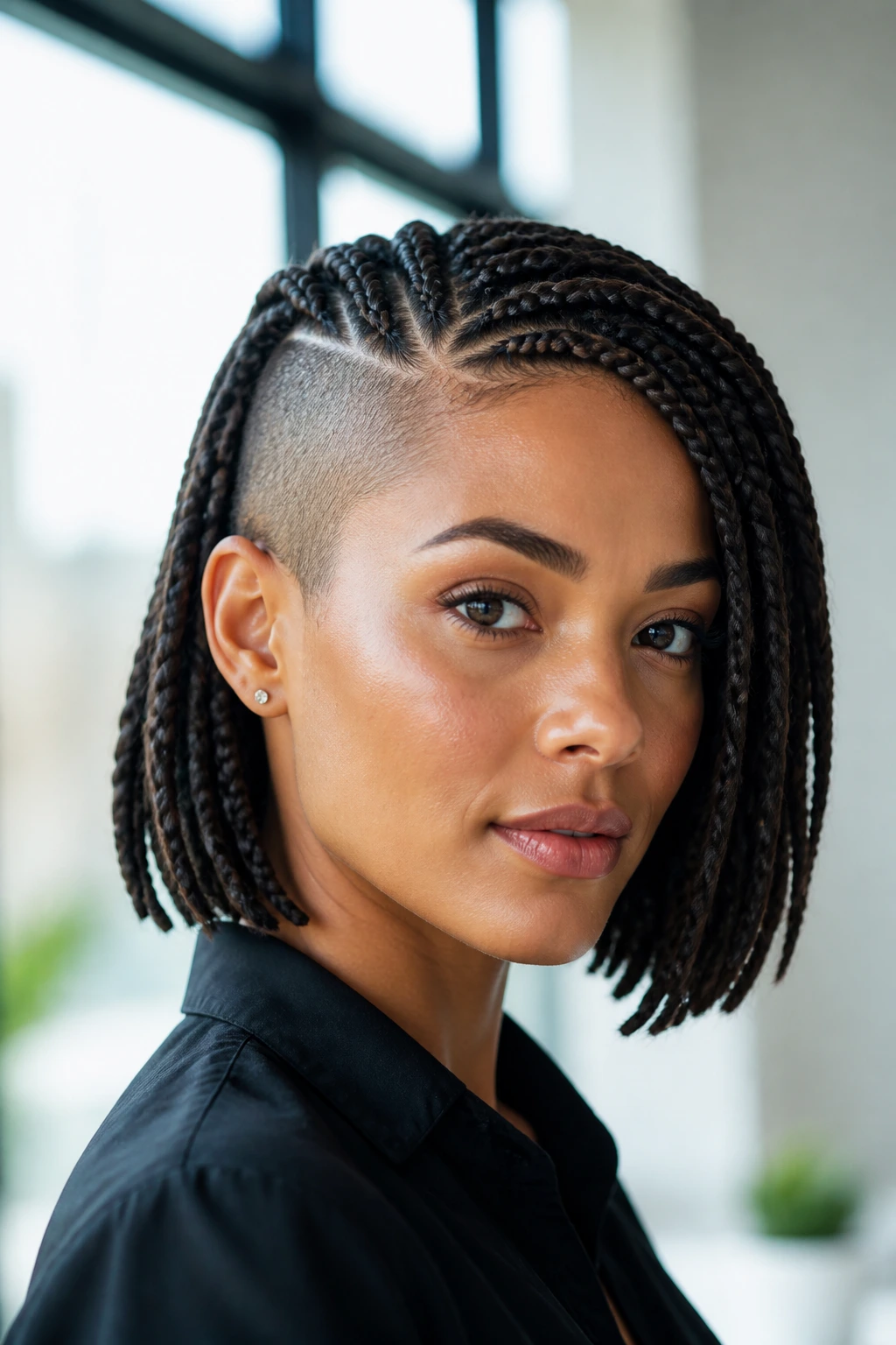 Portrait of a woman with braided bob and shaved temple