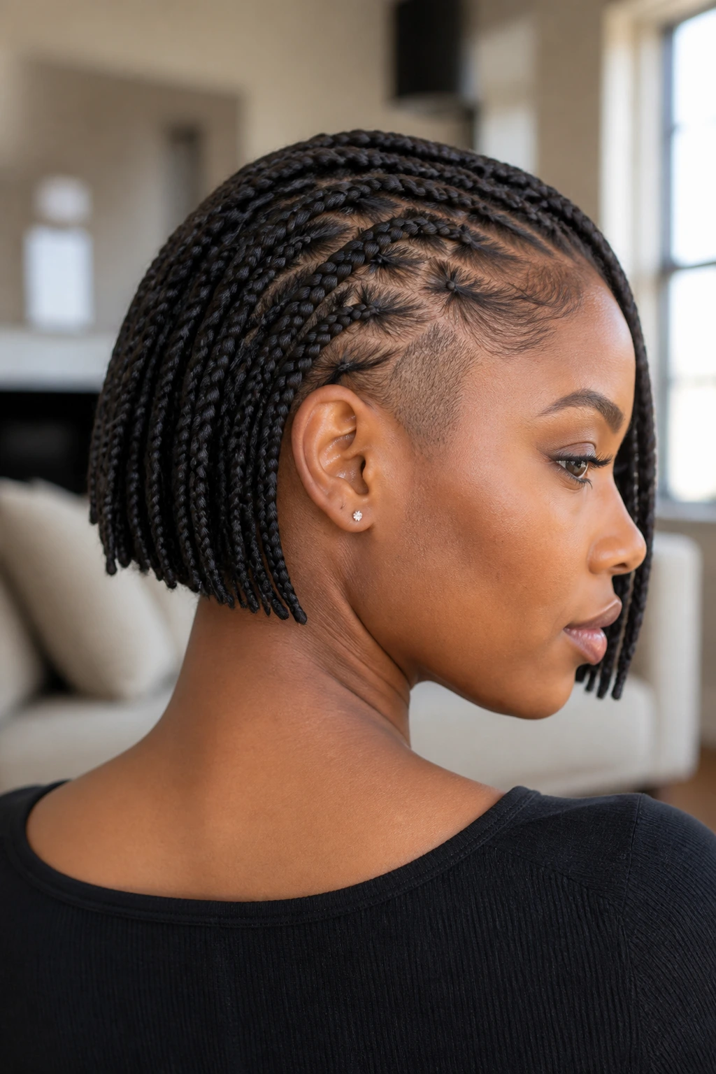 Portrait of a real person with a braided bob and tapered sides