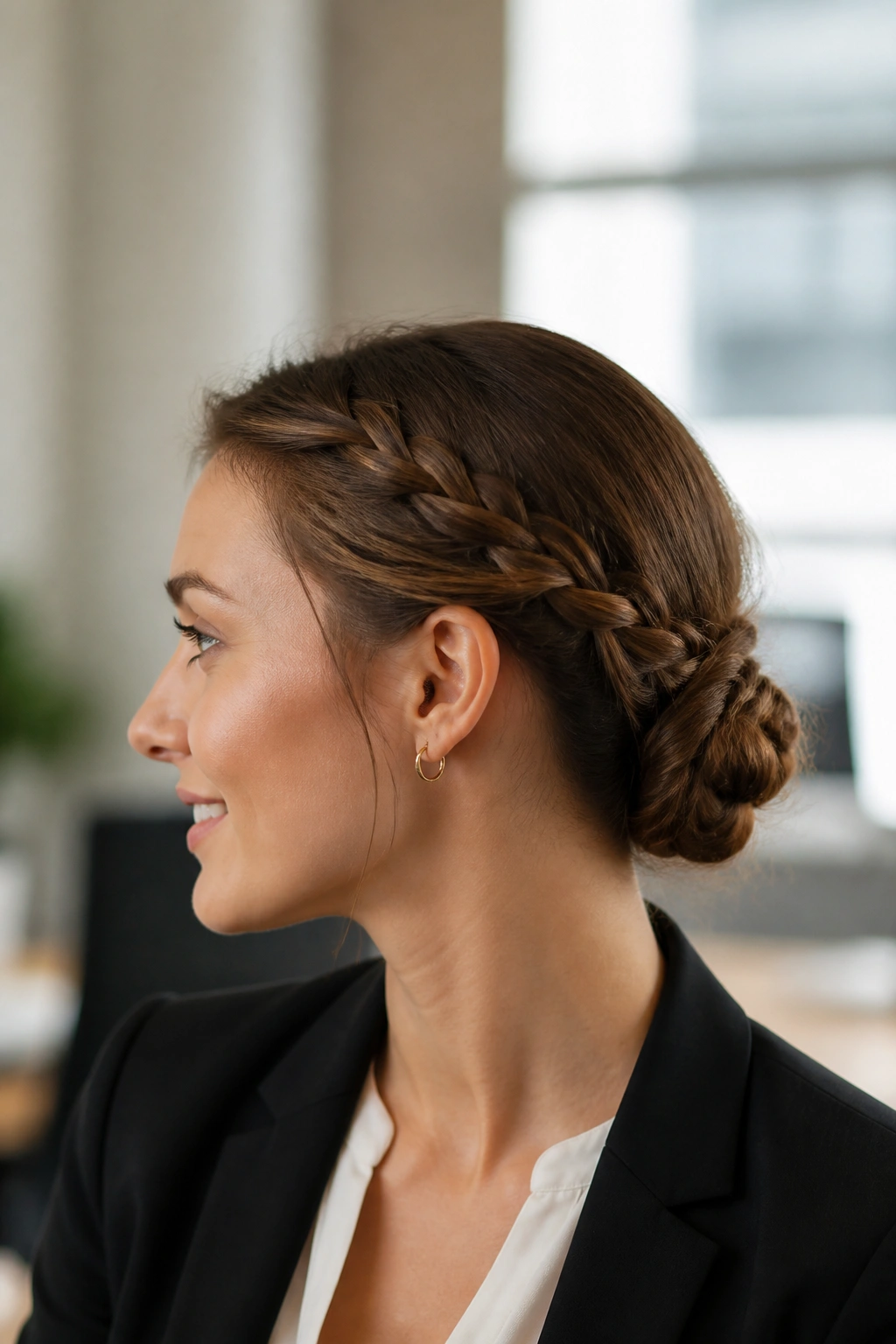 Close-up of a real woman's head showing a braided low bun at the nape