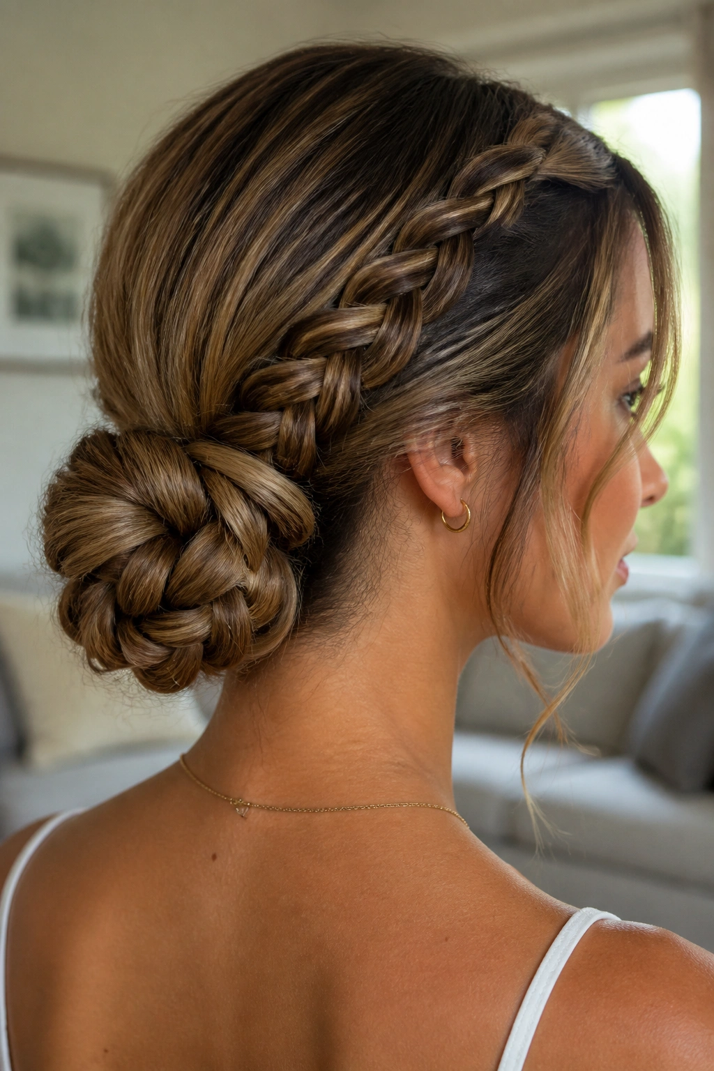 Close-up of a real woman with a braided bun hybrid at the base