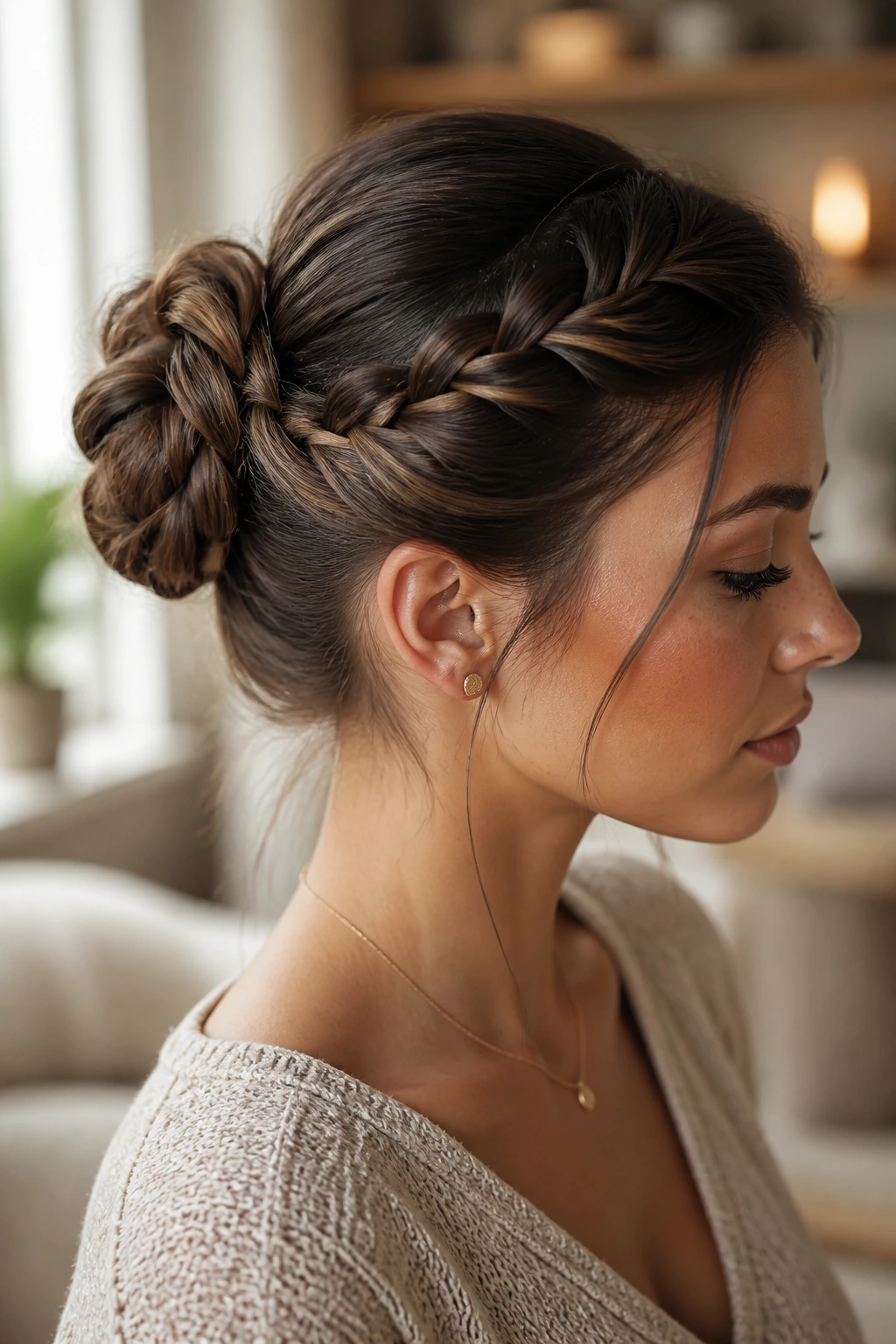Close-up of a real woman wearing a braided bun with the braid visible along the coil