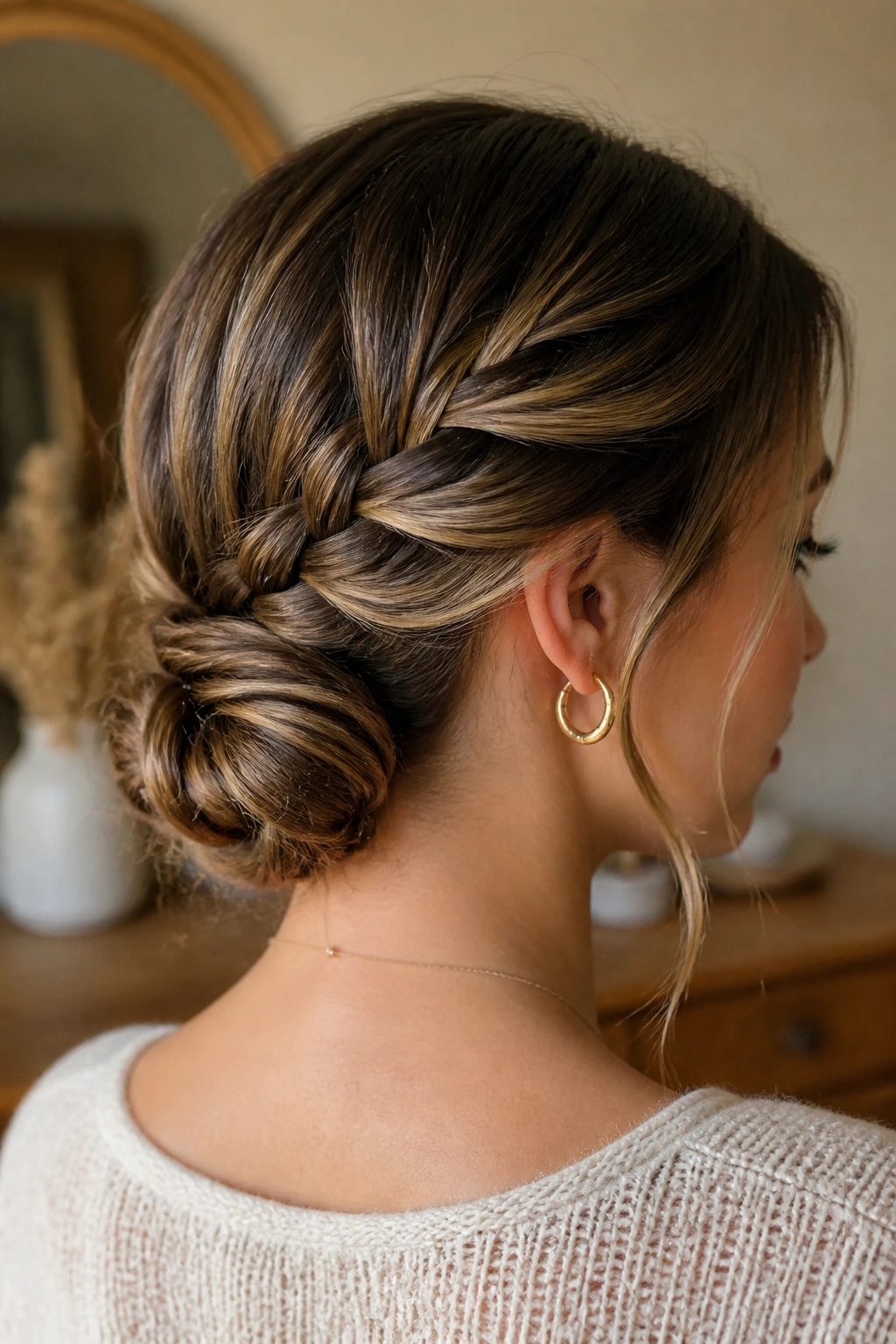 Close-up of a real woman with a braided bun at the nape in a cozy dressing room setting.