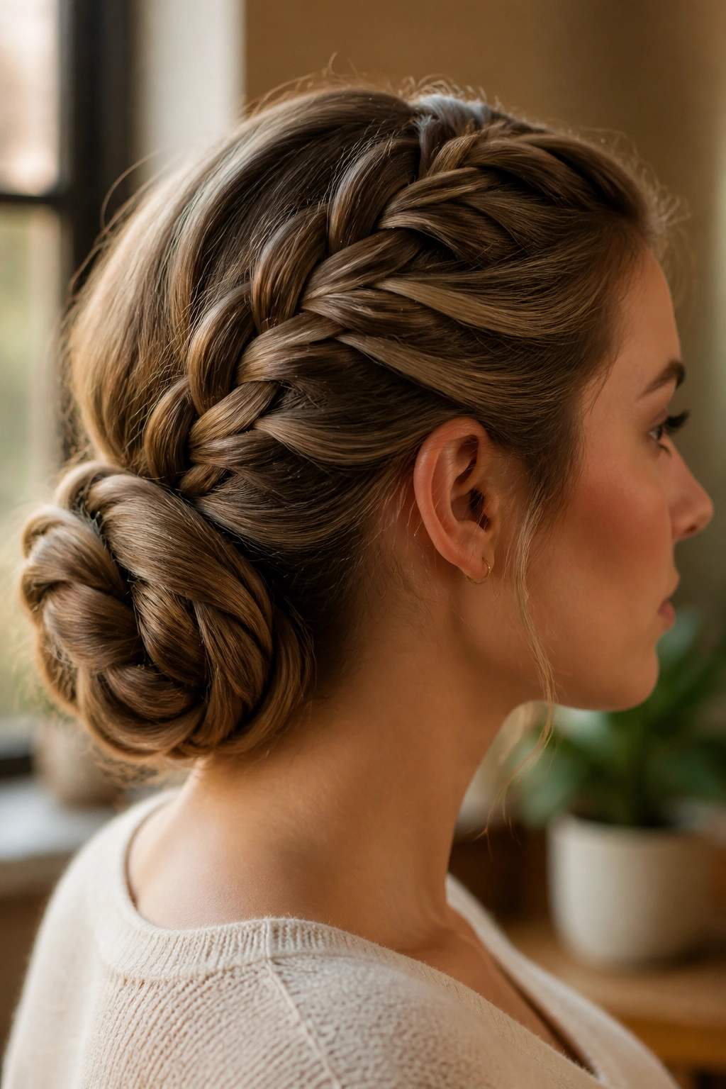 Close-up portrait of a real woman with a braided bun at the nape