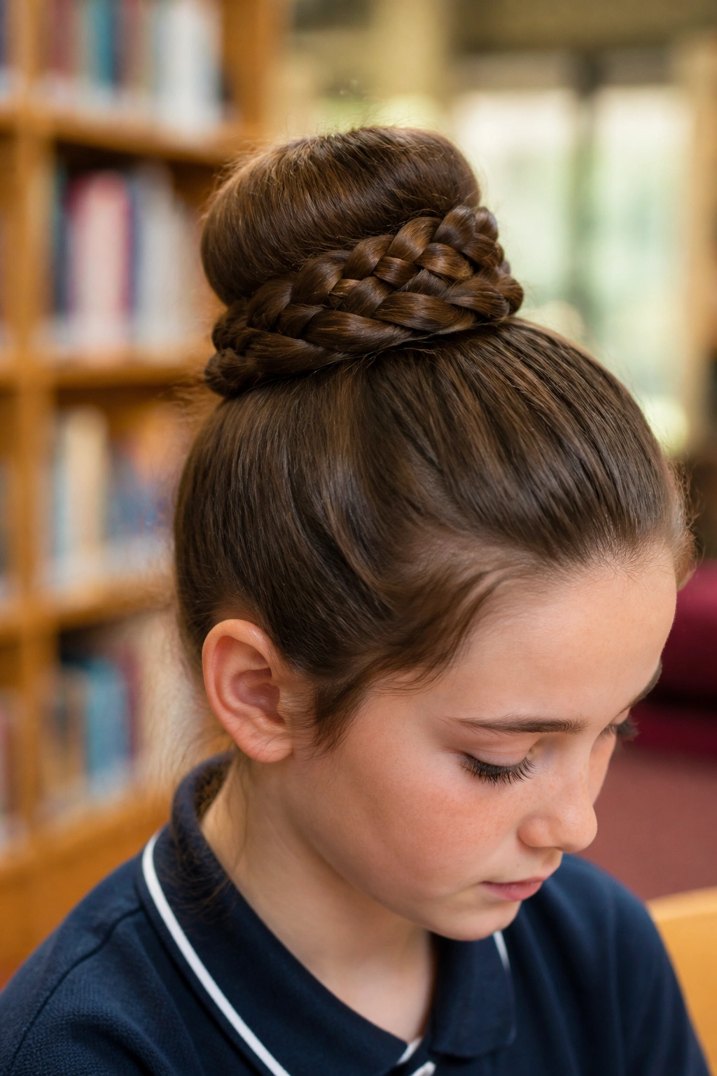 Close-up of real girl with a structured braided bun in a school library.