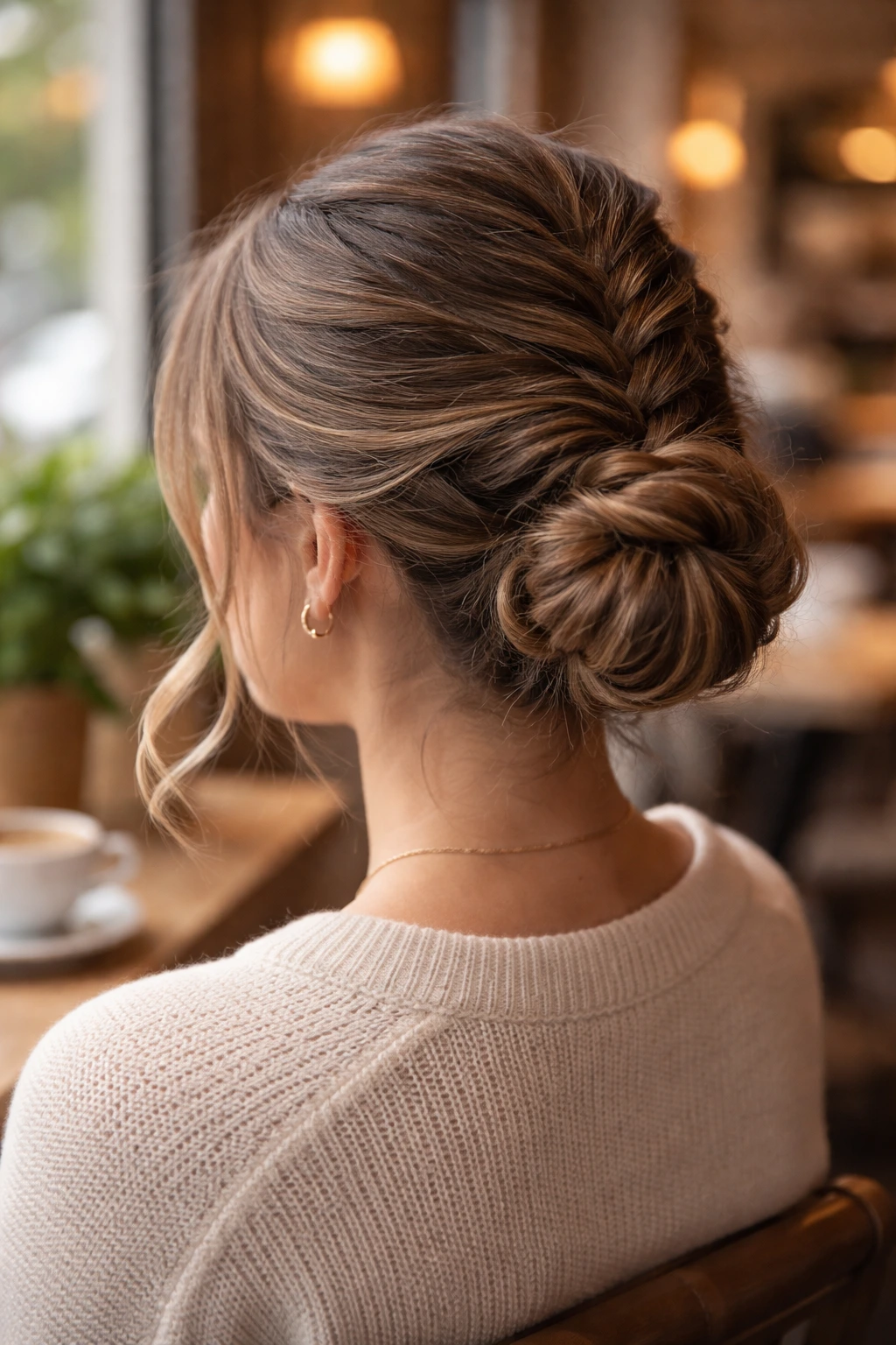 Braided Bun hairstyle on a real woman with a textured braided bun