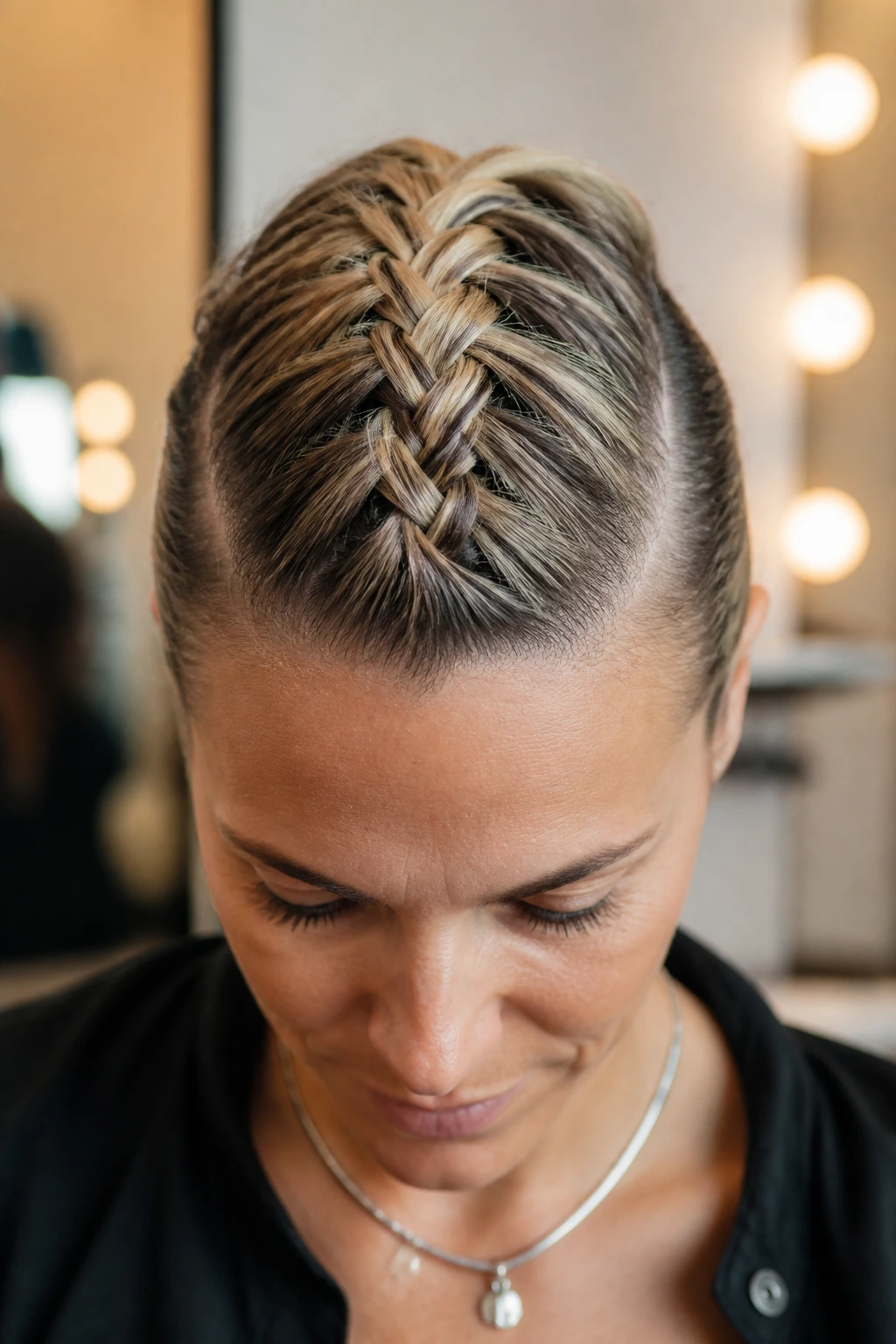Close-up of a real woman with a center braid creating a mohawk silhouette.