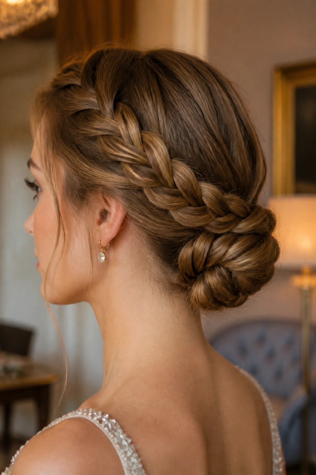 Close-up of a real woman with a braided chignon at the nape