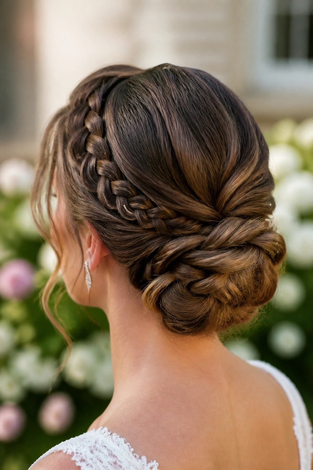 Bride showing braided chignon with hidden plait detail