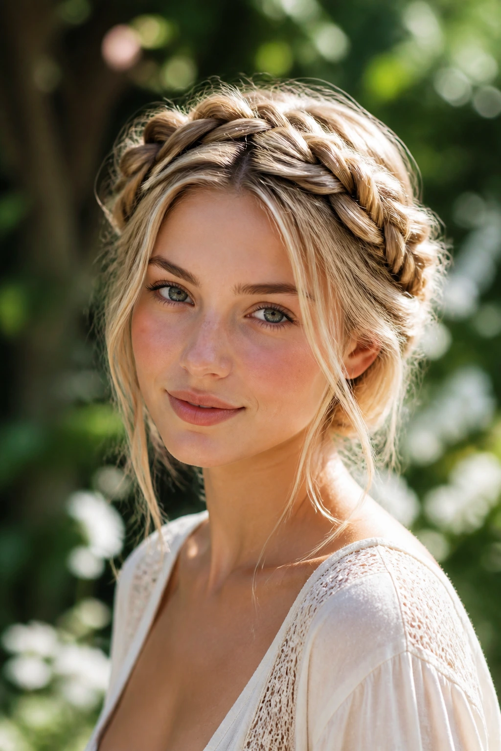 Close-up of a real woman with a braided crown in a garden setting