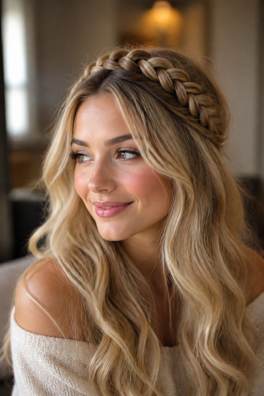 Close-up of a real woman with a narrow high braided crown on long blonde hair