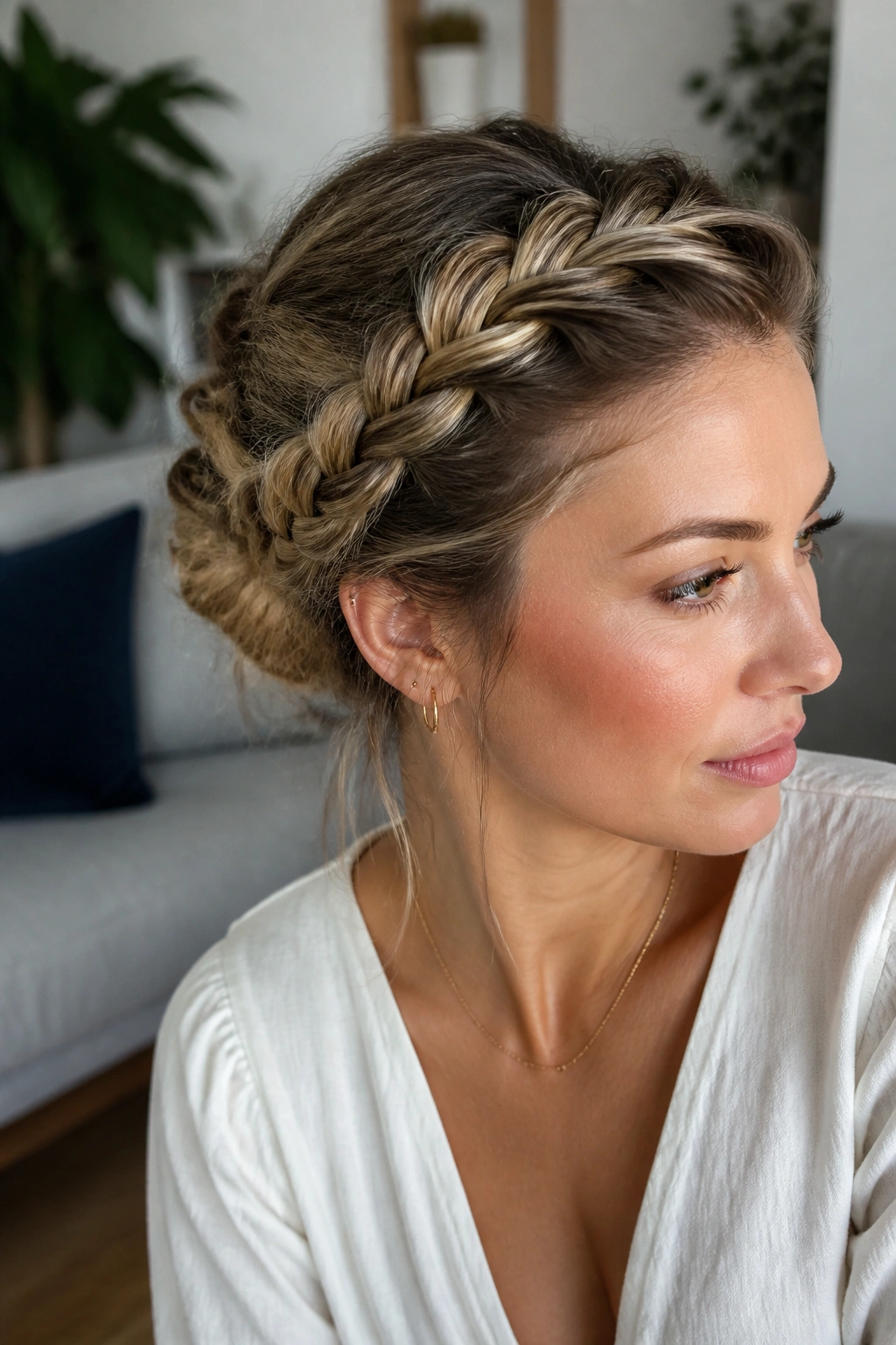 Close-up of a real woman wearing a crown braid that forms a bun at the back
