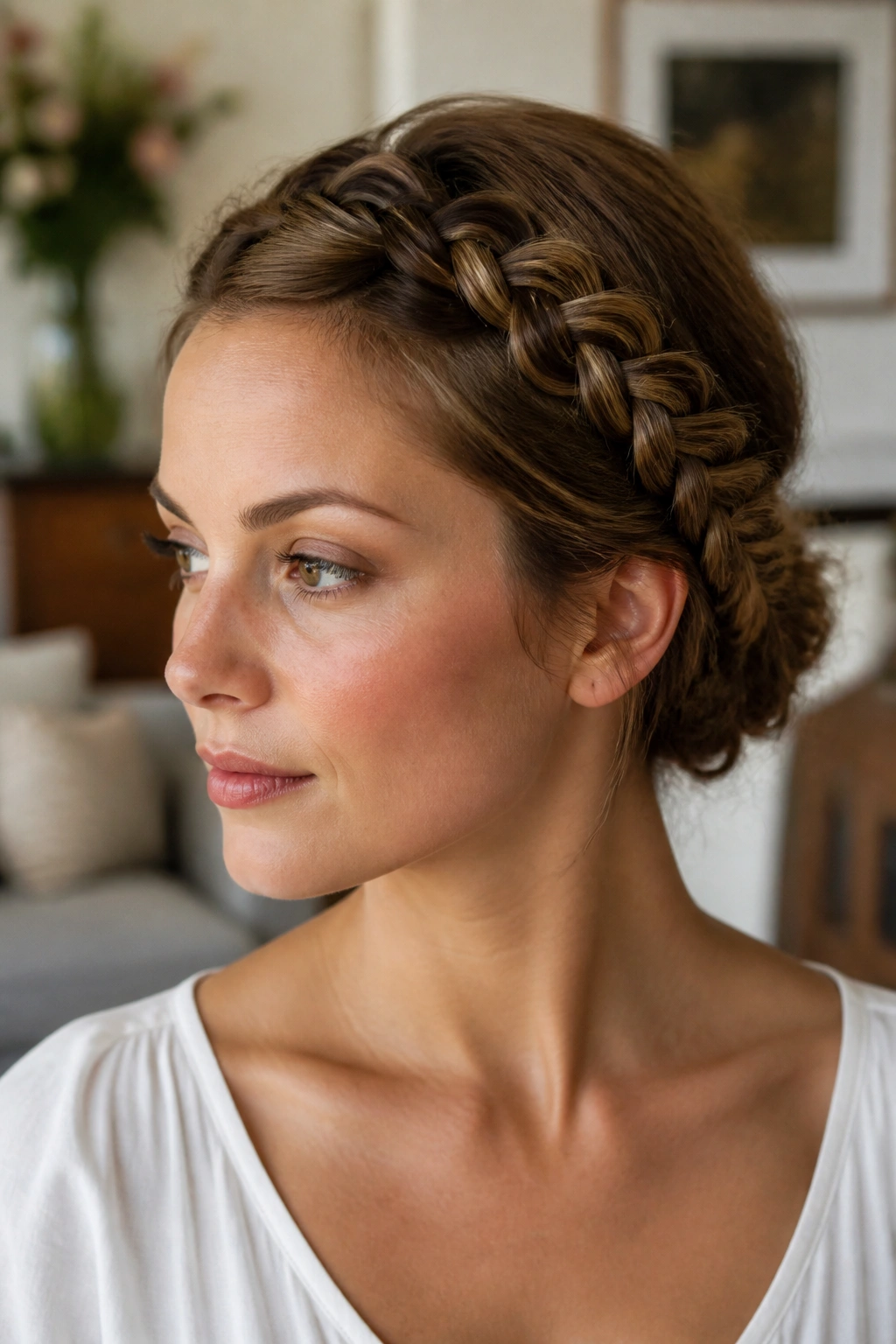 Portrait of a real woman wearing a braided crown that flows into a tucked bun at the nape