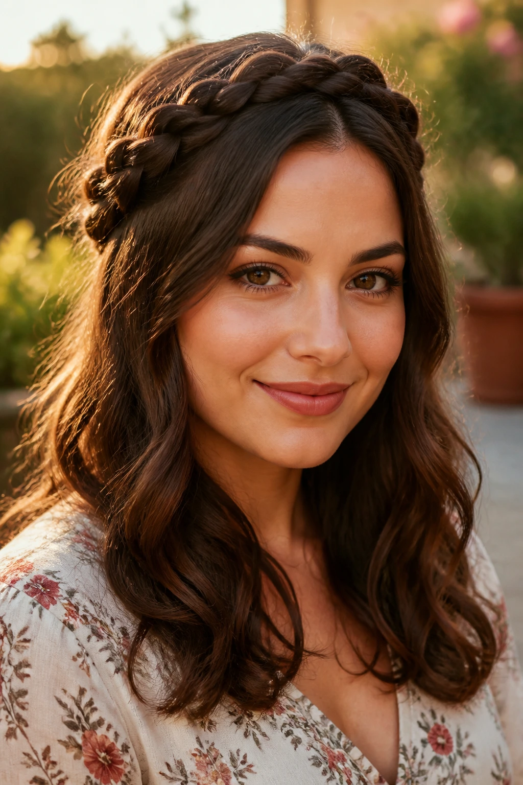 Portrait of a woman with a braided crown and loose chocolate lengths