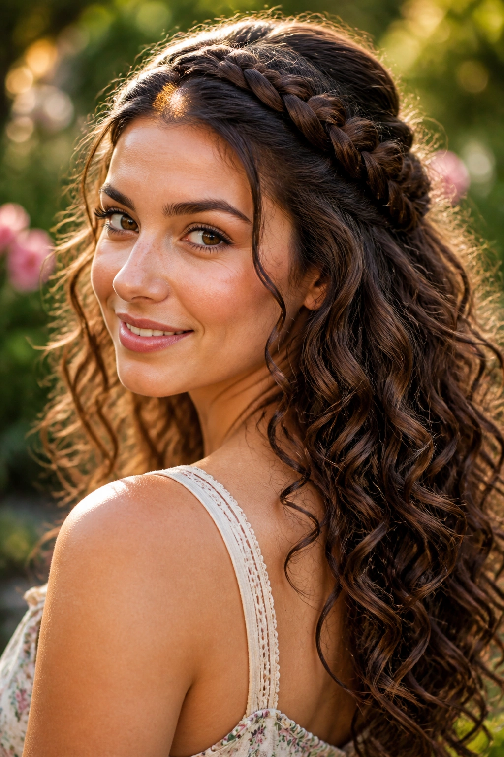 Close-up of a woman with a braided crown and cascading curls