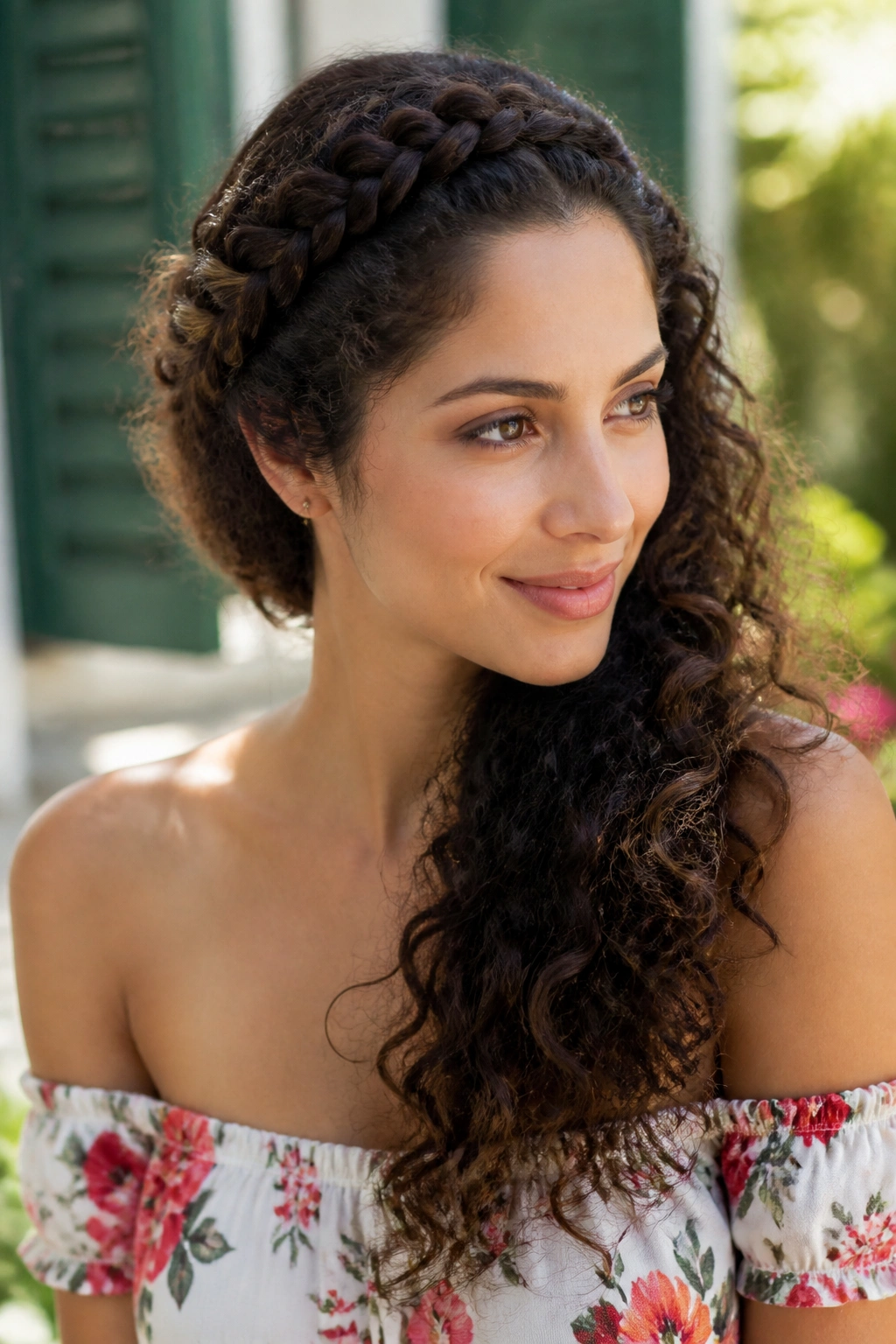 Close-up of a real person with a braided side crown and curls over the shoulder