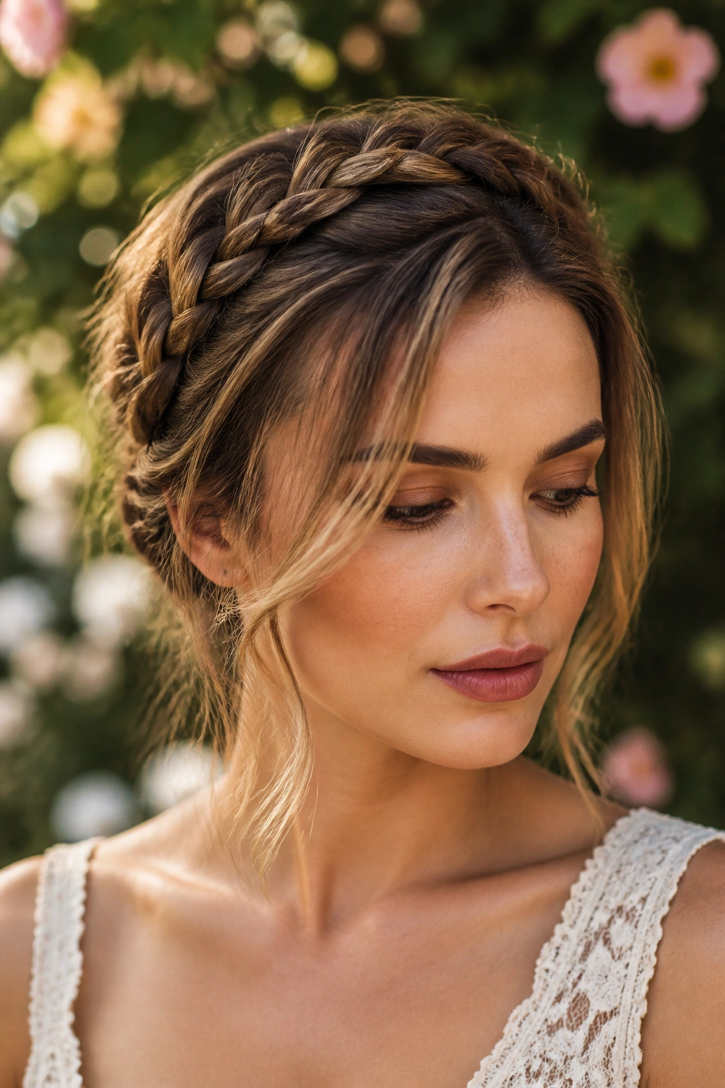 Portrait of a woman with a braided crown and loose front fringe
