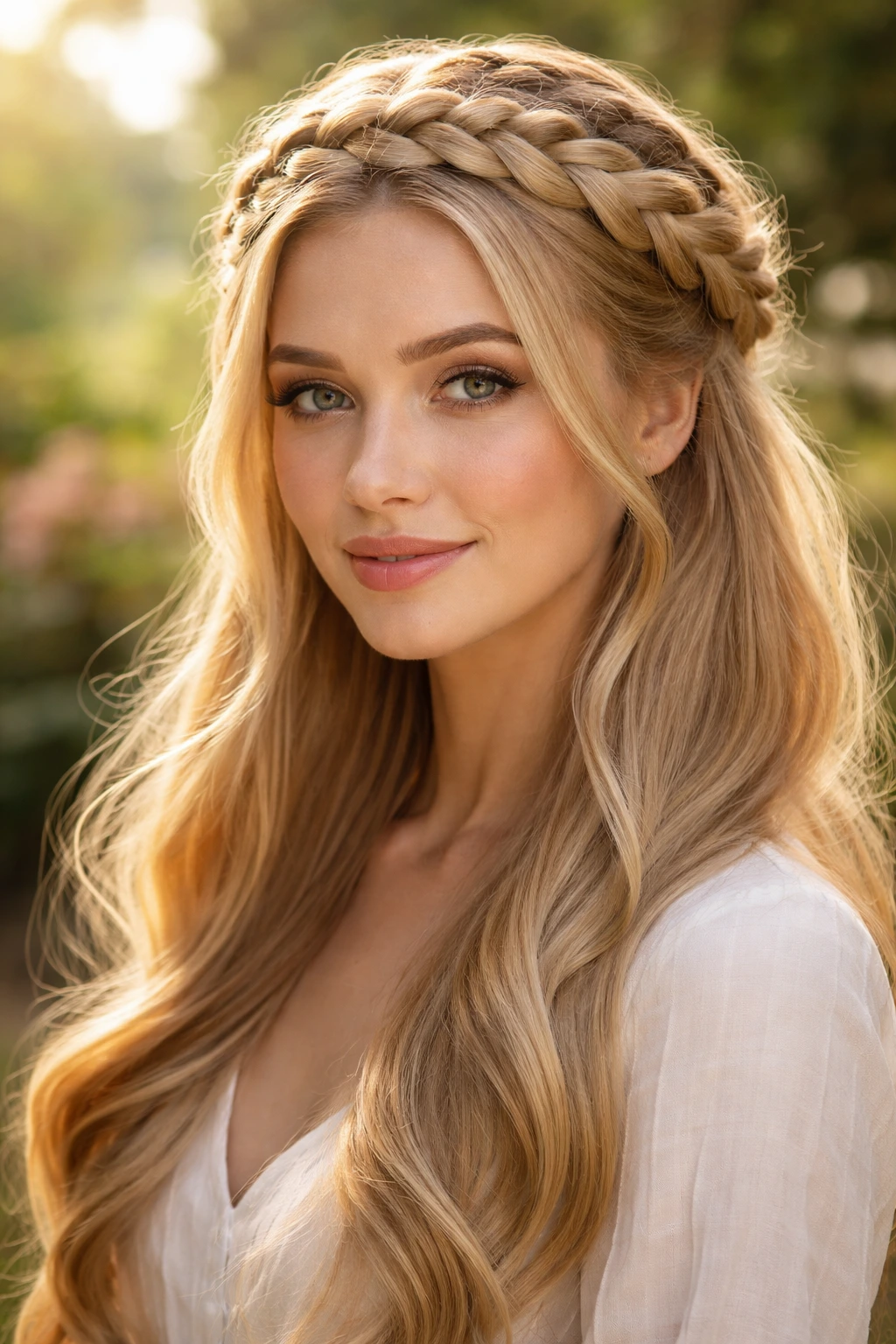 Close-up of real woman with braided crown hairstyle
