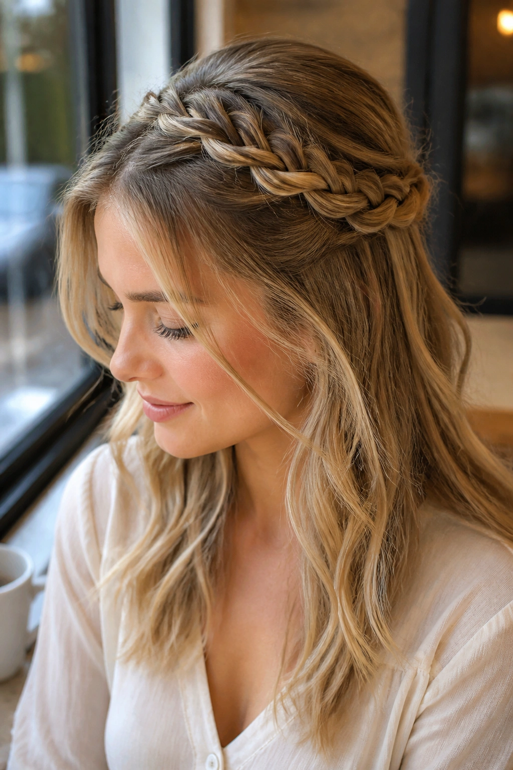 Close-up of a real woman wearing a braided crown half-up hairstyle