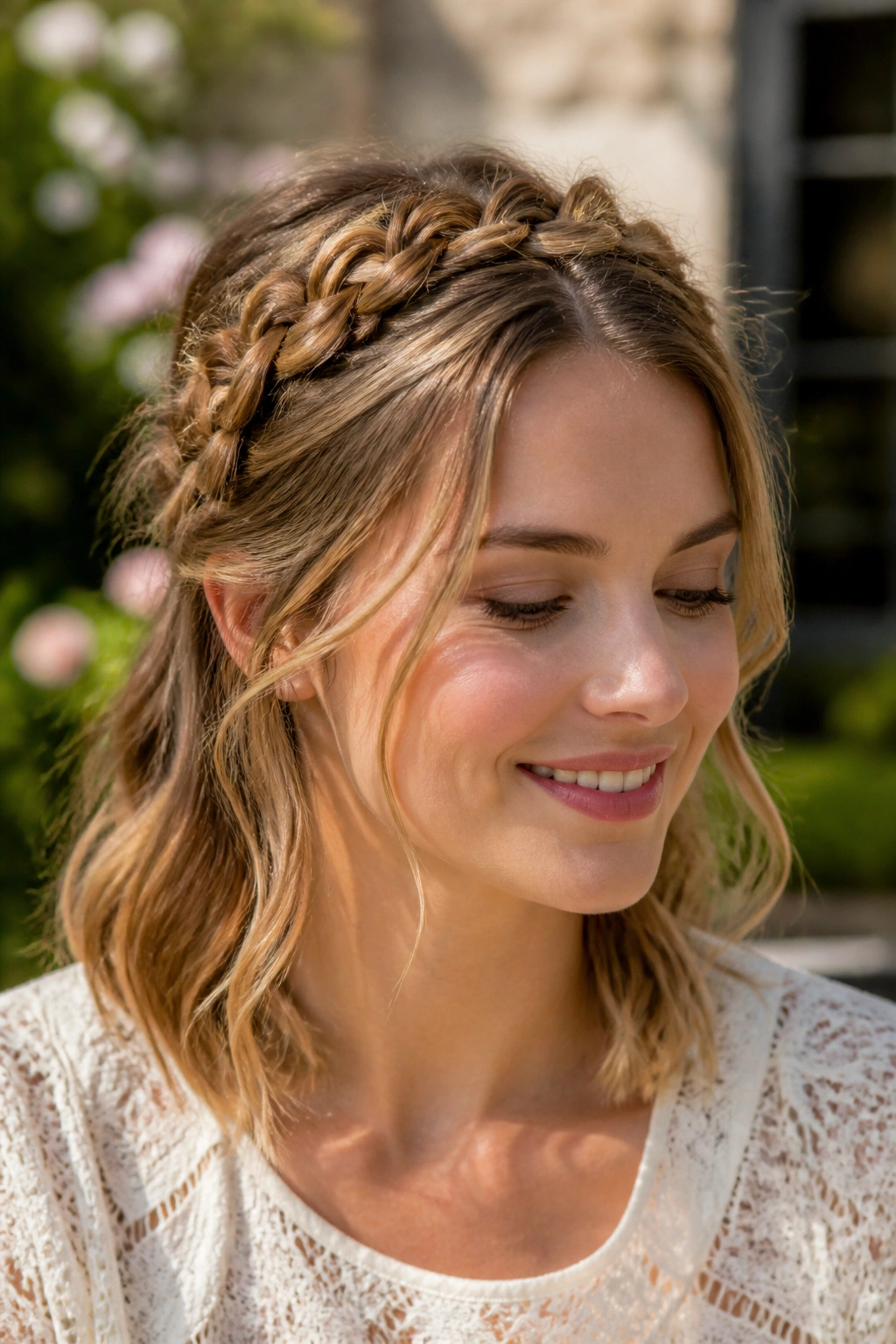 Real woman with a delicate braided crown on medium-length hair and loose temple pieces