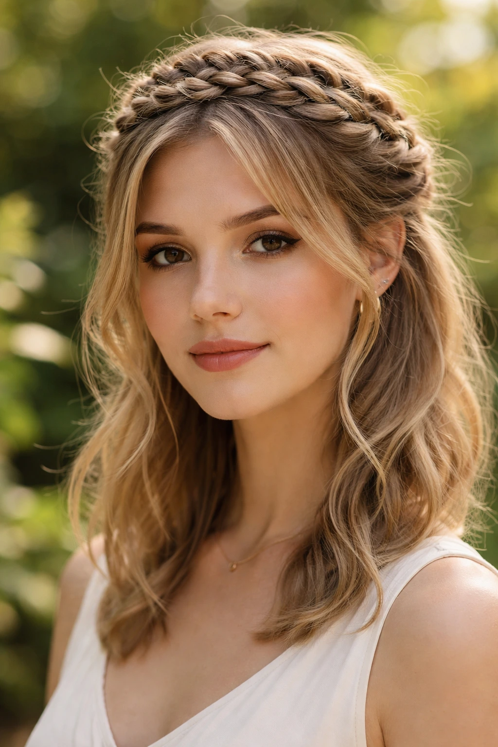 Close-up of a real woman showcasing a crown braid hairstyle