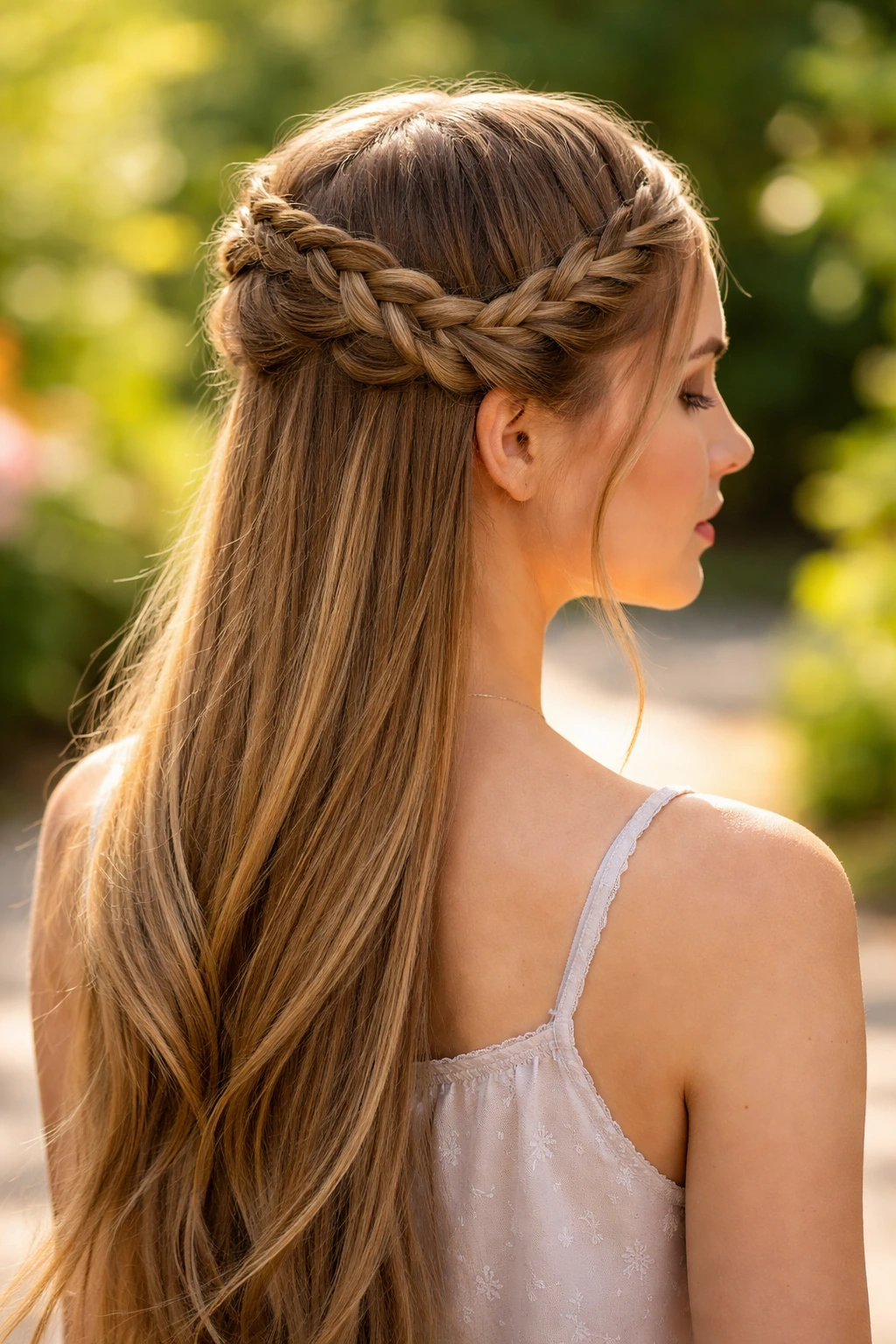 Close-up of a real woman wearing a braided crown along the head