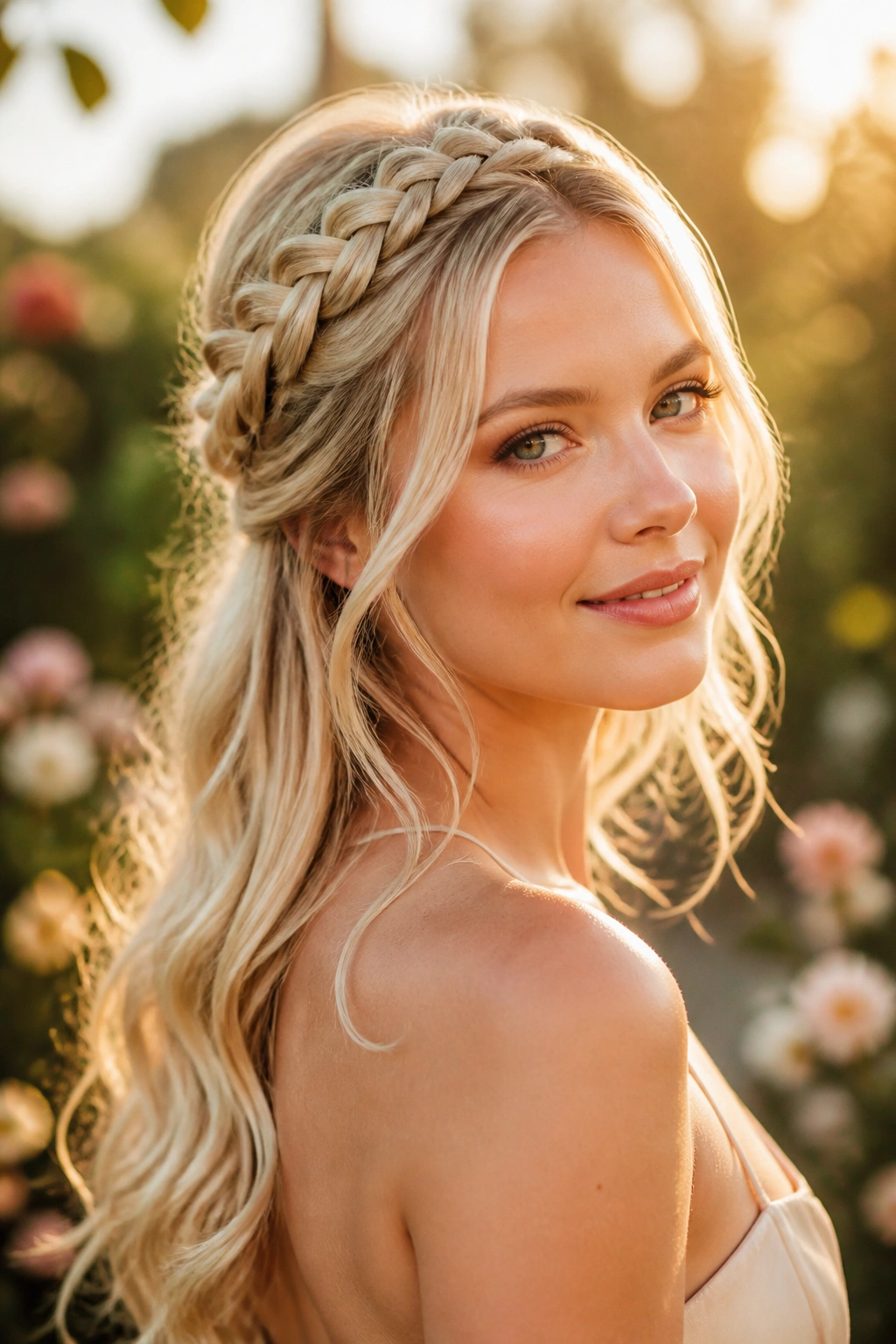 Close-up of a real woman with braided crown half-up style in warm golden hour light