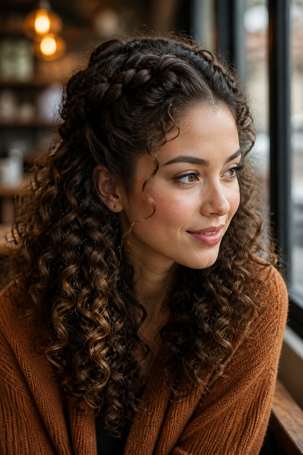 Portrait of a real woman with a braided crown half-up hairstyle.