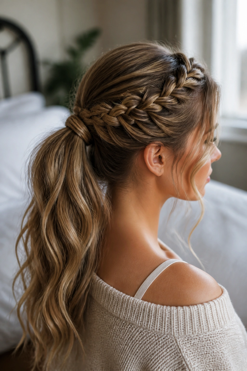 Close-up of a real woman with Braided Crown Half-Up Ponytail