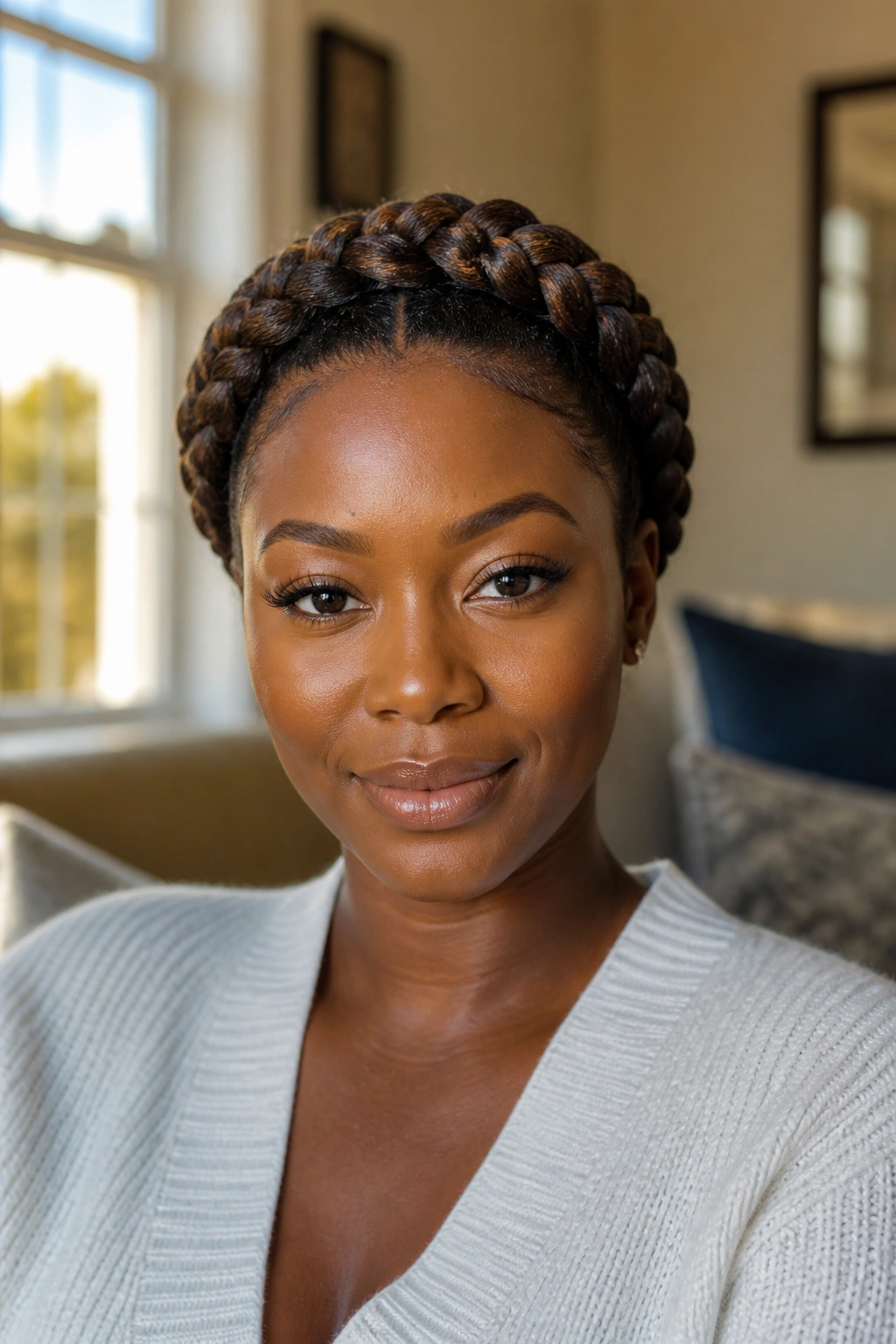 Close-up of a real woman with a braided crown halo around her head