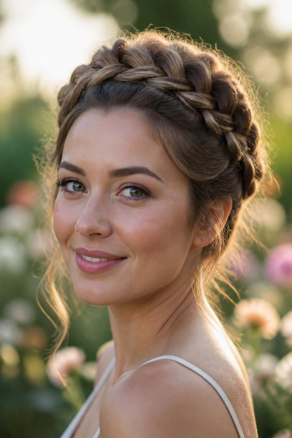 Close-up portrait of a real woman with a braided crown sitting high on the head