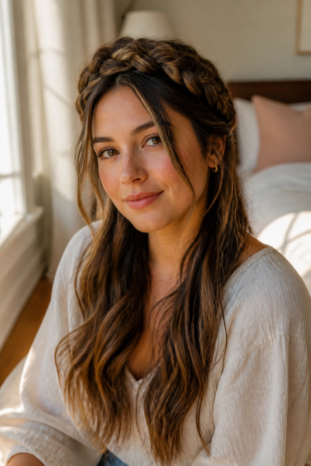 Close-up of a real woman with a softly loosened braided crown and long ends.