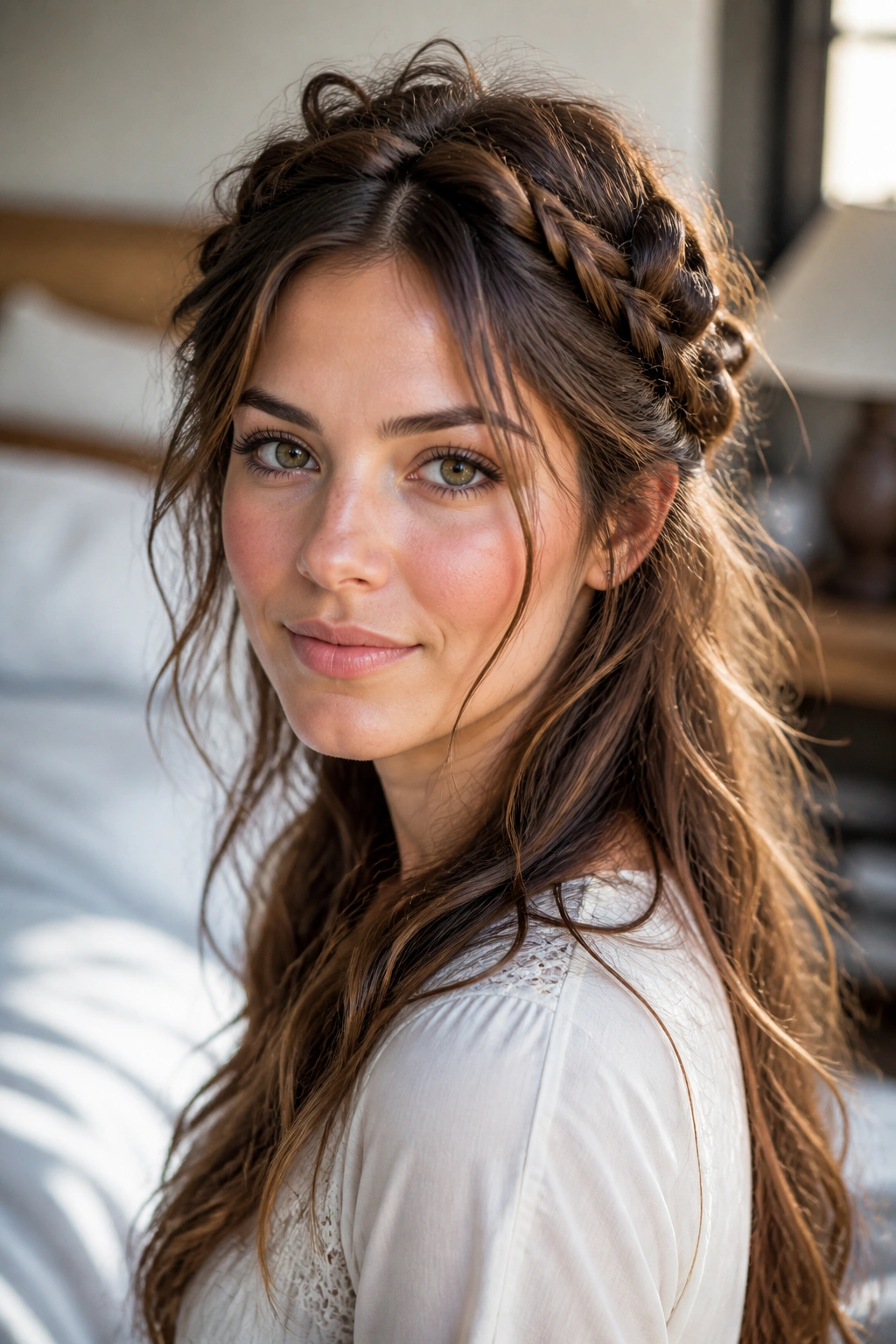 Close-up portrait of a real woman wearing a messy braided crown with long back length hair.