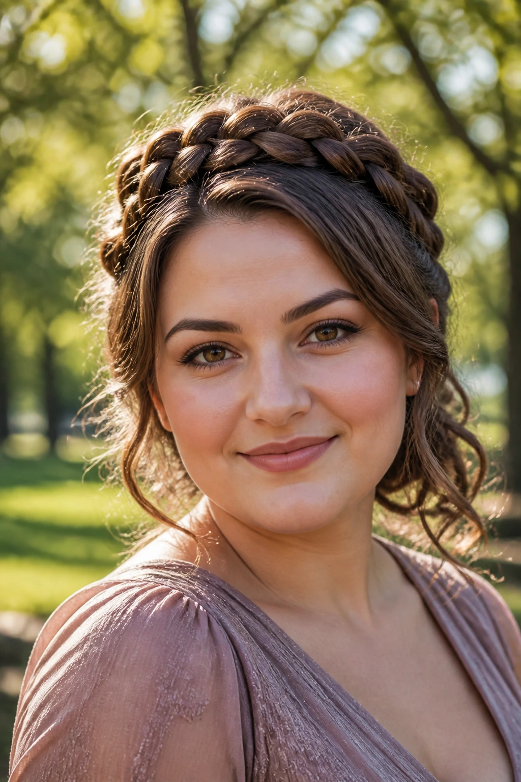 Close-up of real person with braided crown and looped lengths in daylight.