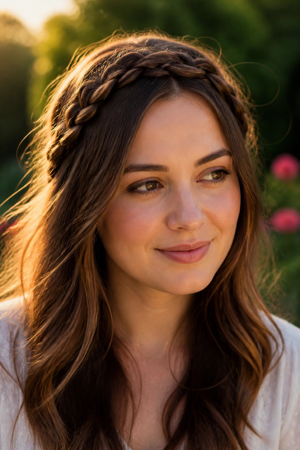 Close-up of a real woman with a braided crown and loose length brown hair