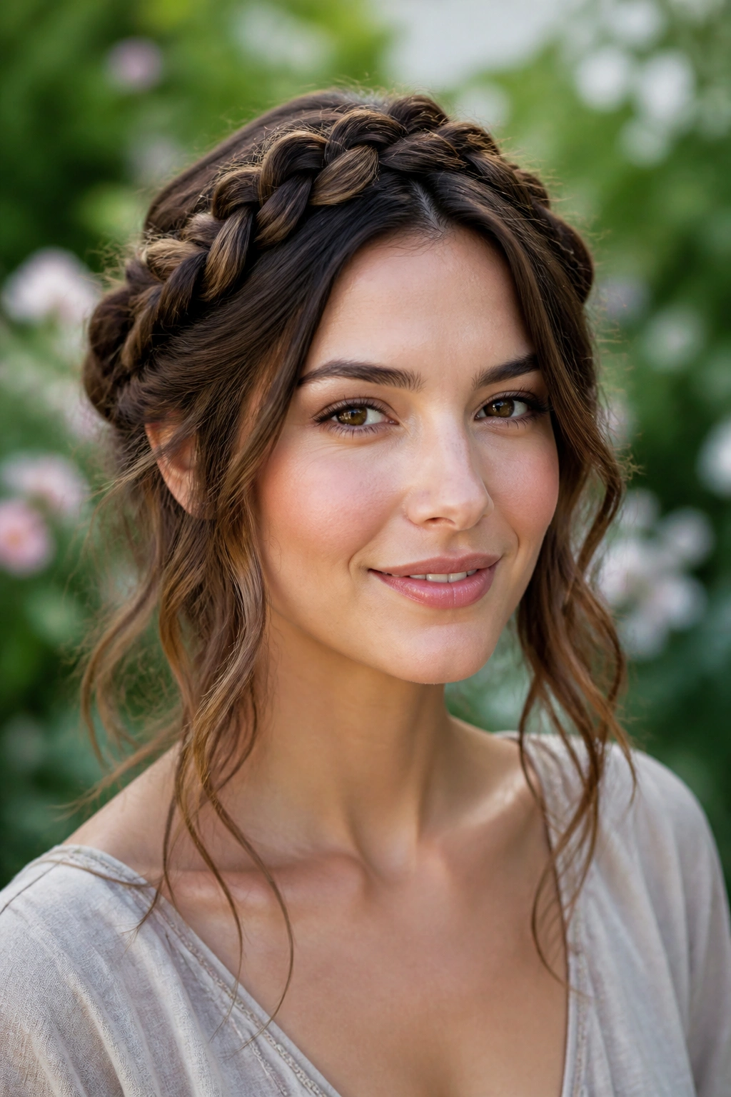 Real woman wearing a loose braided crown with lengths down