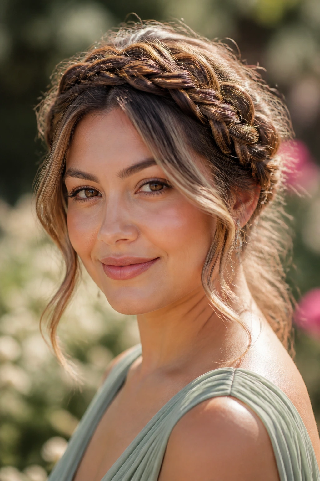 Close-up of a real person with a braided crown and loose face-framing pieces.
