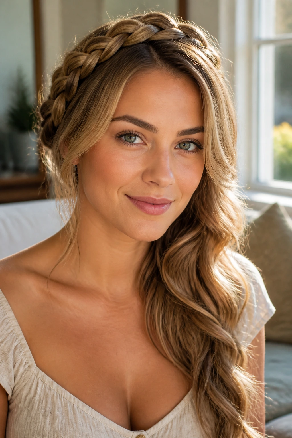 Close-up of a real woman with a braided crown and loose side fall framing the face