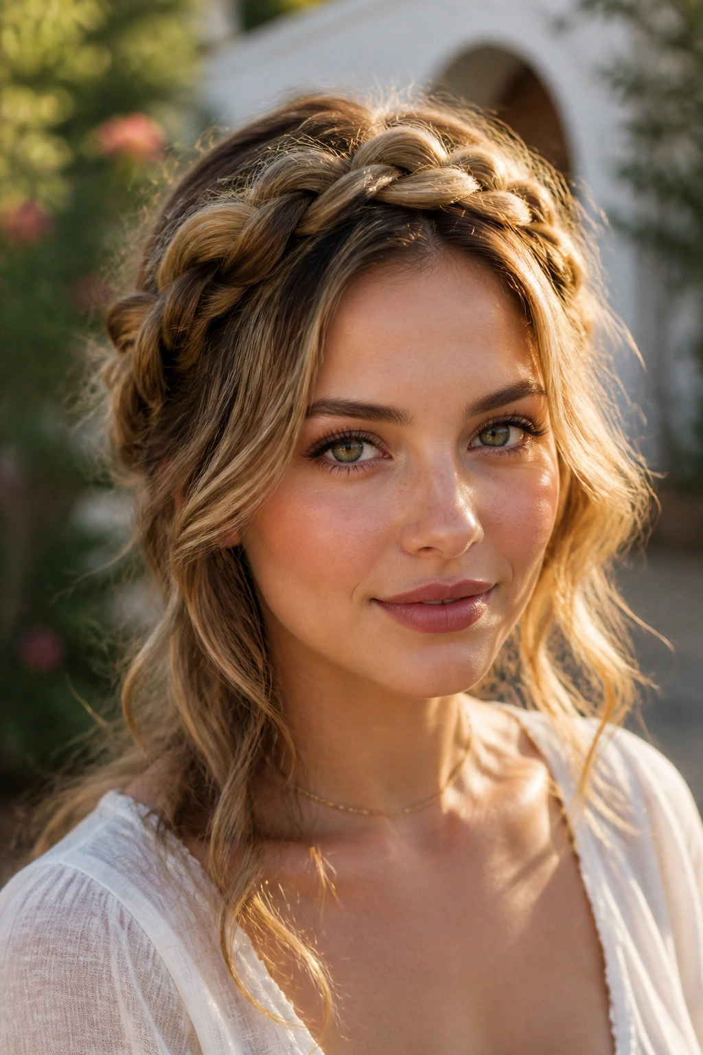 Portrait of a real woman with a wide braided crown and loose waves under warm sunlight.