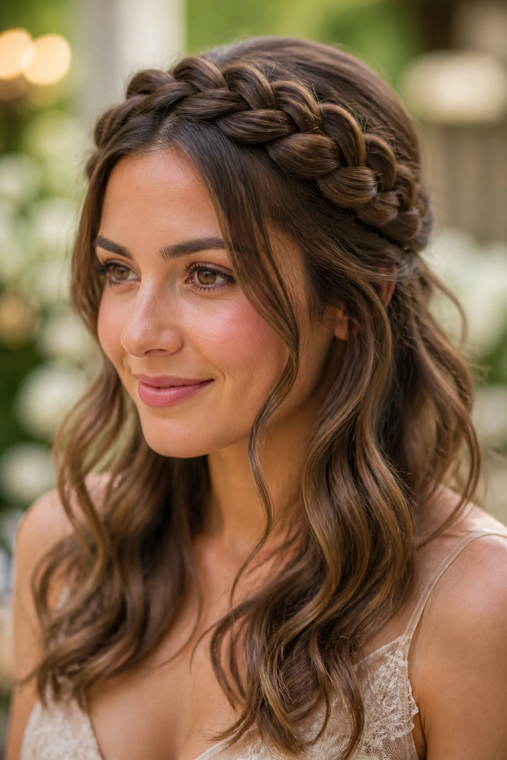 Close-up of a real woman with braided crown and loose waves hairstyle
