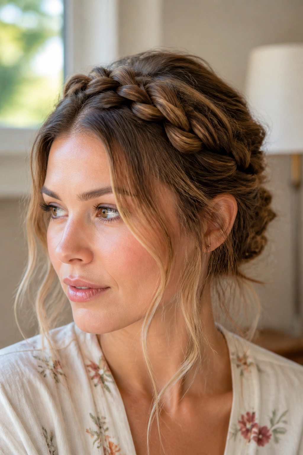 Close-up of a real woman wearing a braided crown with loose front pieces.