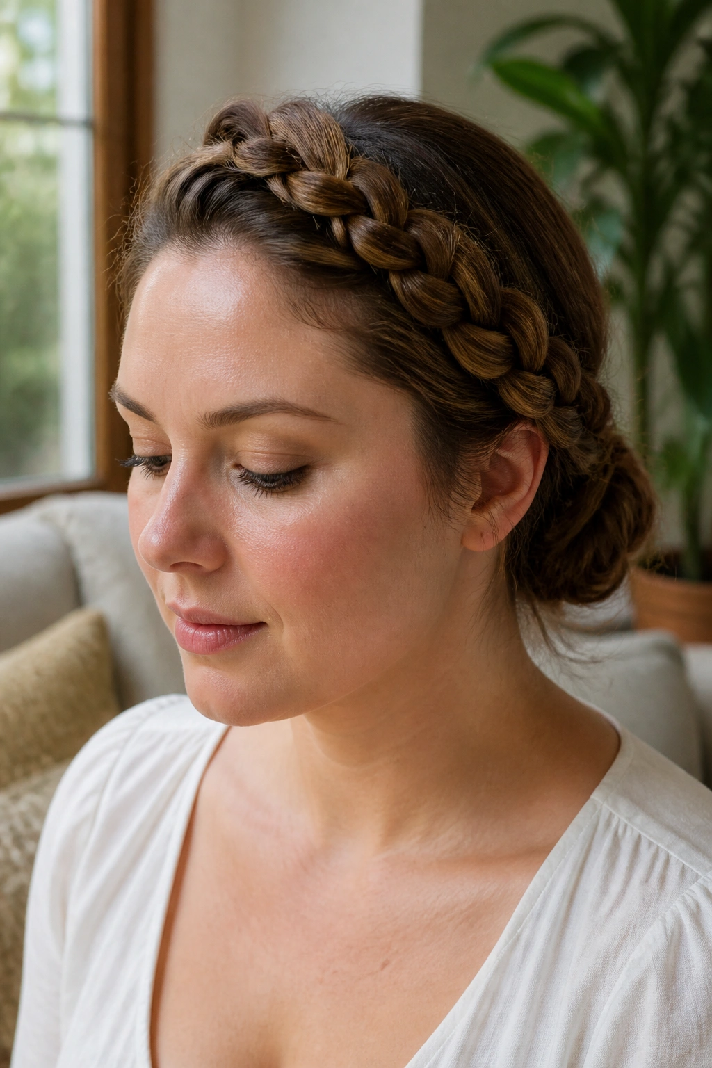 Close-up of a real woman with a braided crown flowing into a low bun