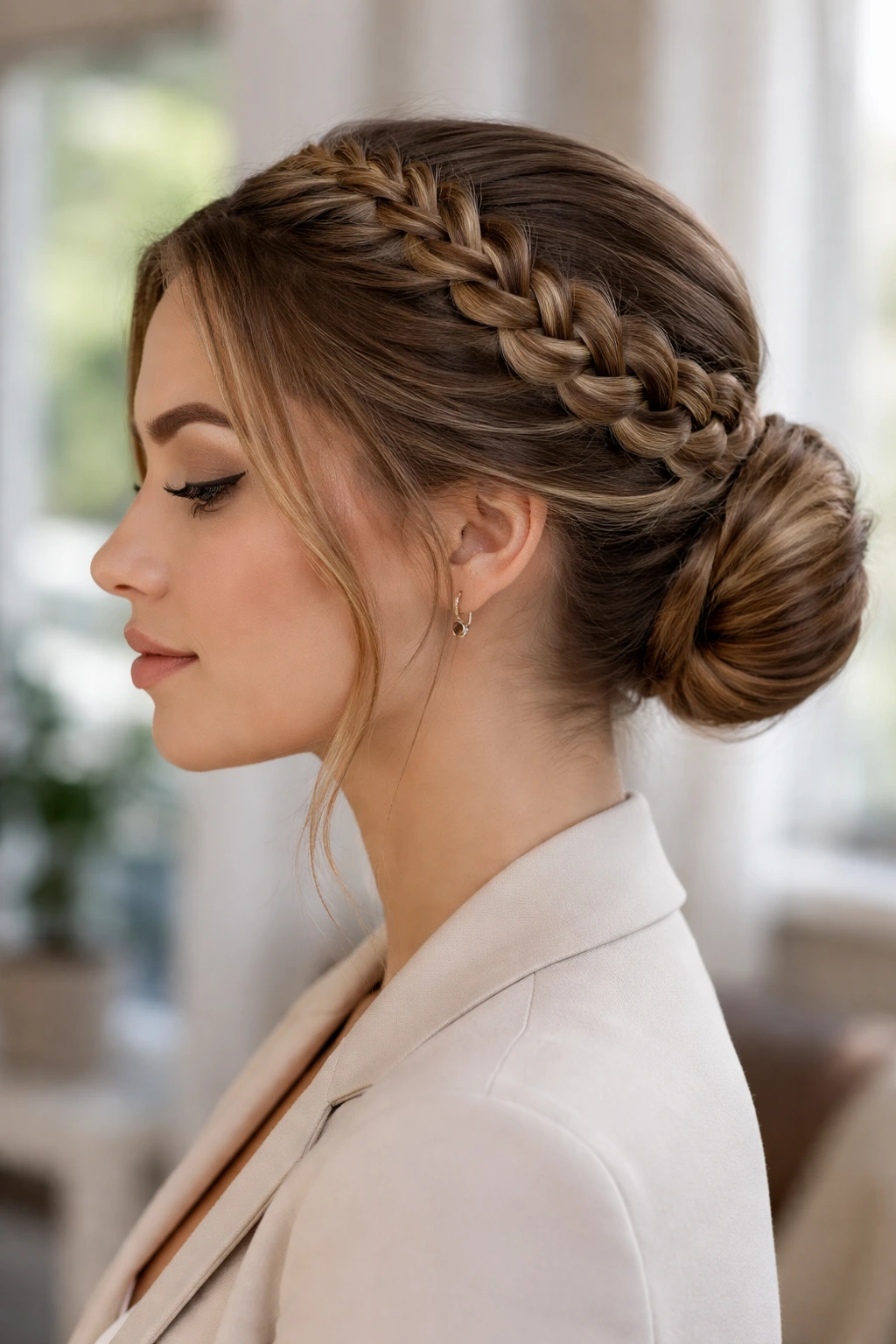 Close-up of a woman with a braided crown and low bun