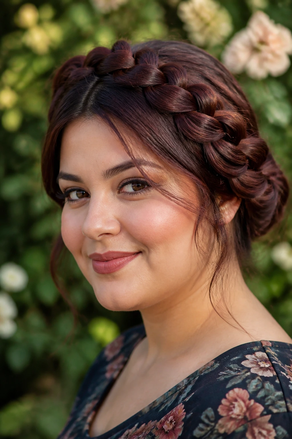 Real woman with a loose braided crown and mahogany shine in a garden setting