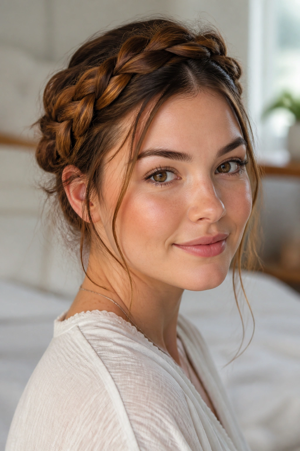 Real woman wearing a braided crown with wisps in a sunlit bedroom