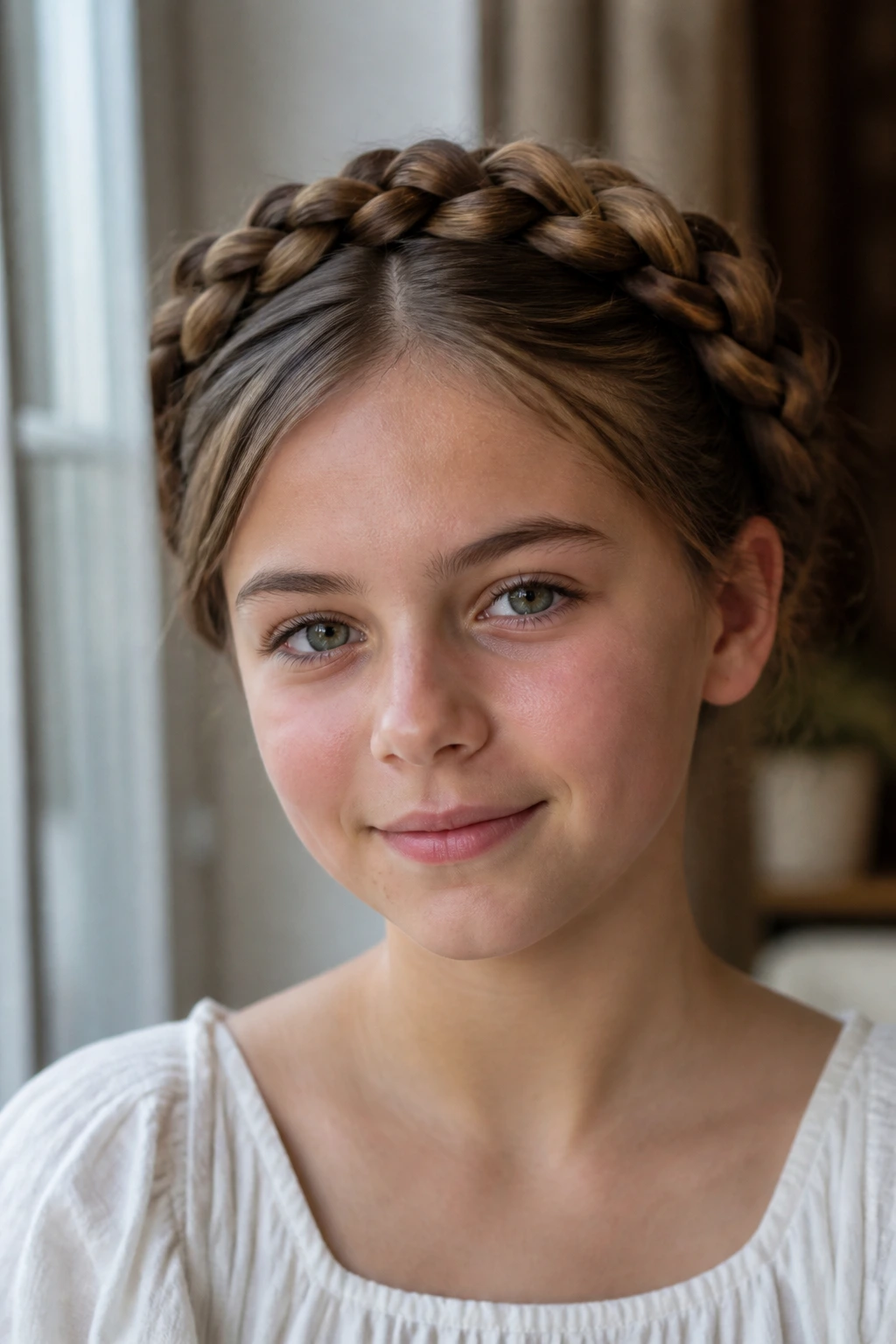 Close-up of a real person wearing a braided crown around the head