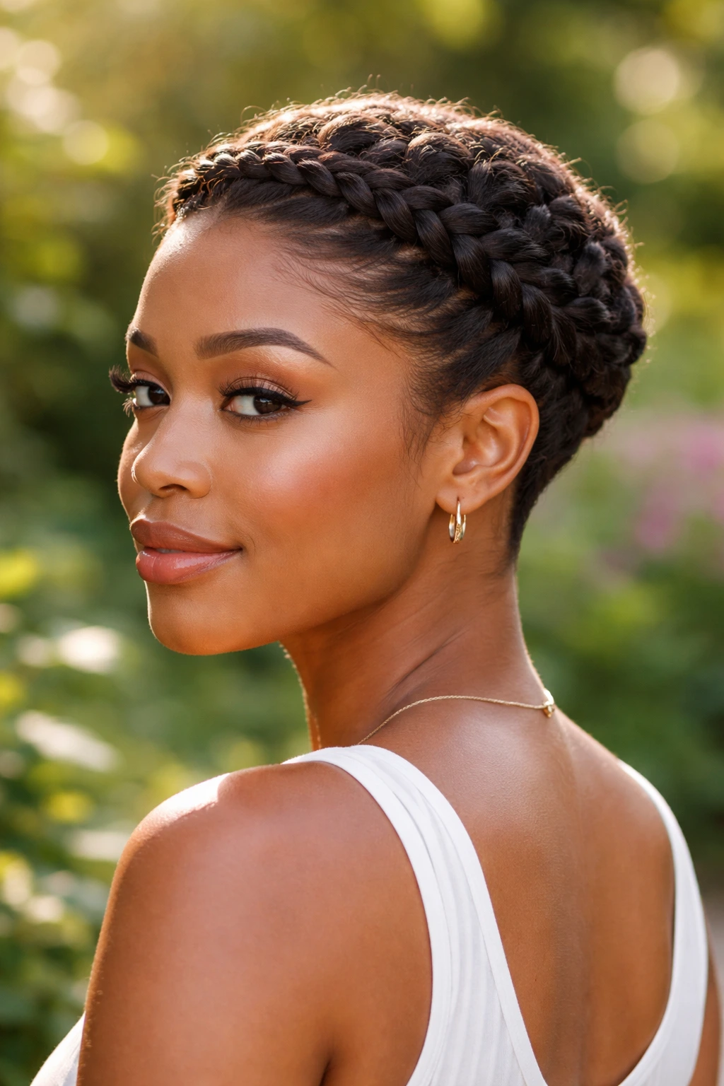 Close-up portrait of a person with a braided crown and short back